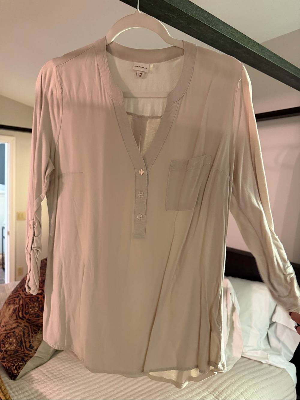 Light Taupe Women's Henley Blouse with Chest Pocket - Casual Long Sleeve